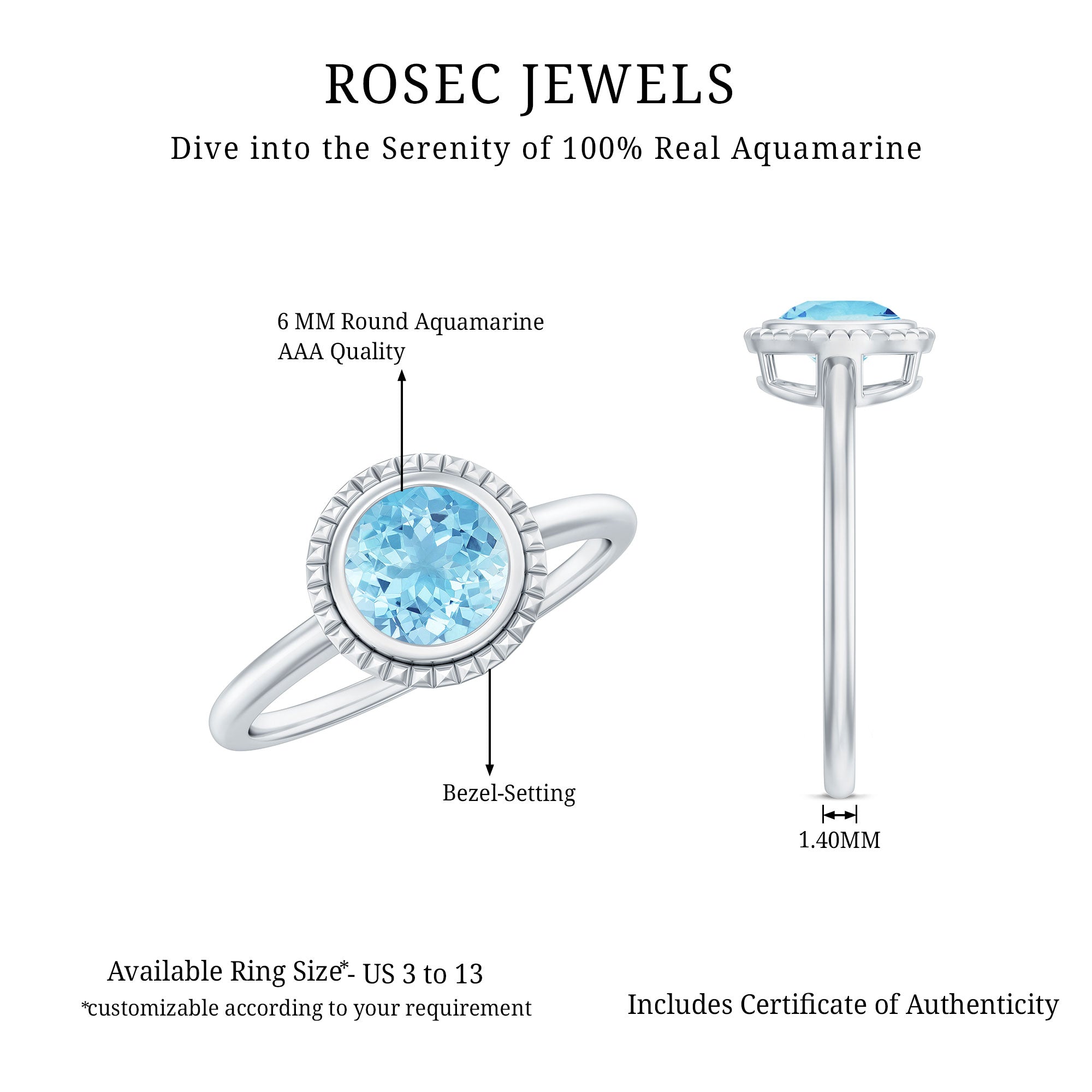 0.8 Carat Bezel Set Round Aquamarine Solitaire Promise Ring
