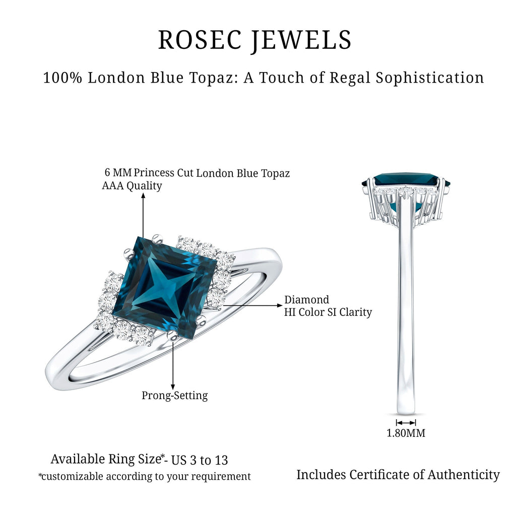 Princess Cut London Blue Topaz Engagement Ring with Diamond