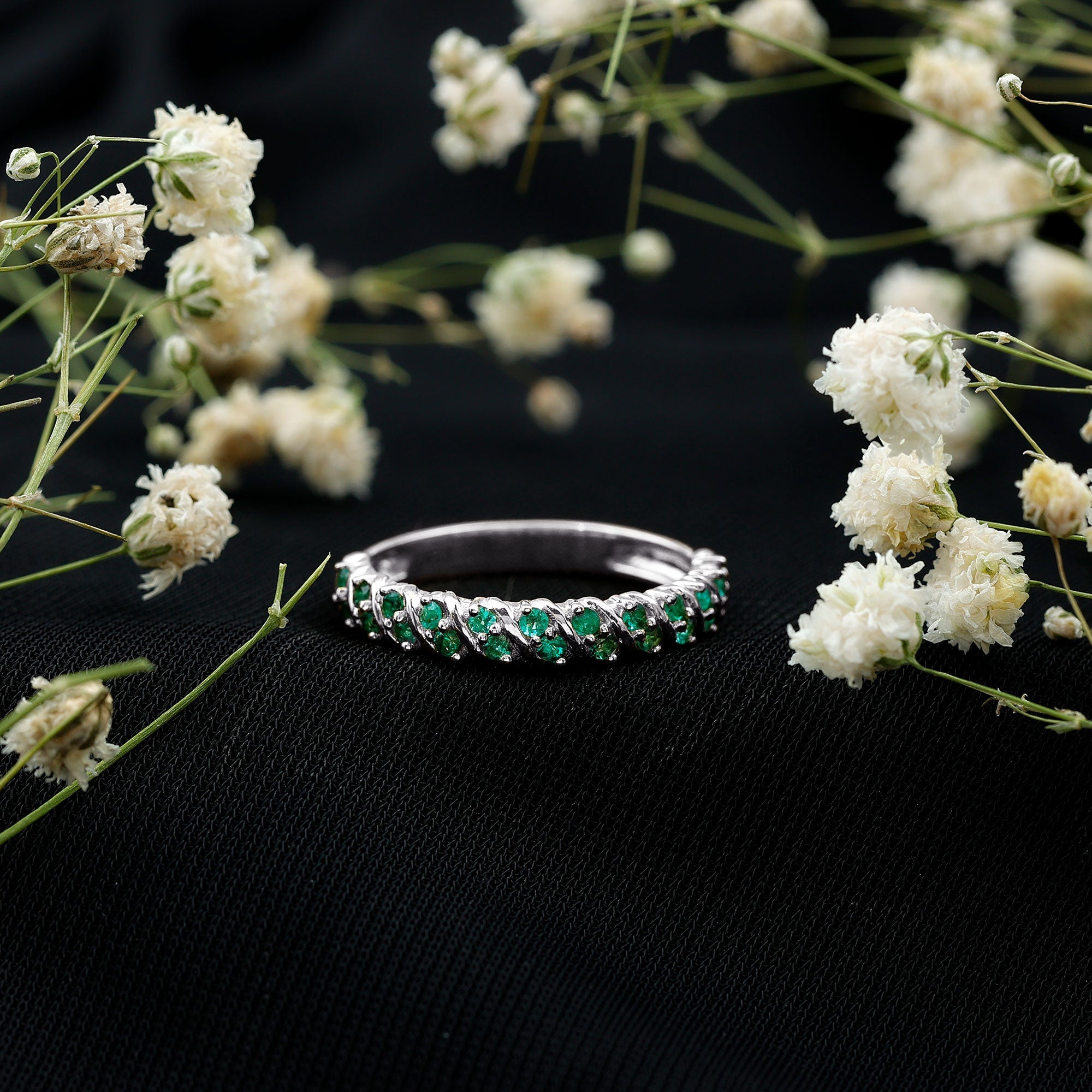 Unique Half Eternity Wedding Band with Round Emeralds