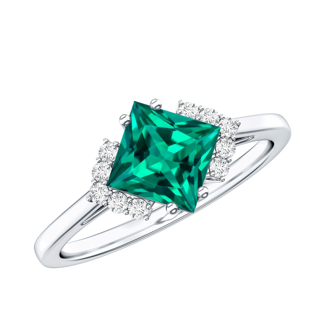 Certified 8 mm Lab Grown Emerald Princess Cut Engagement Ring with Diamond