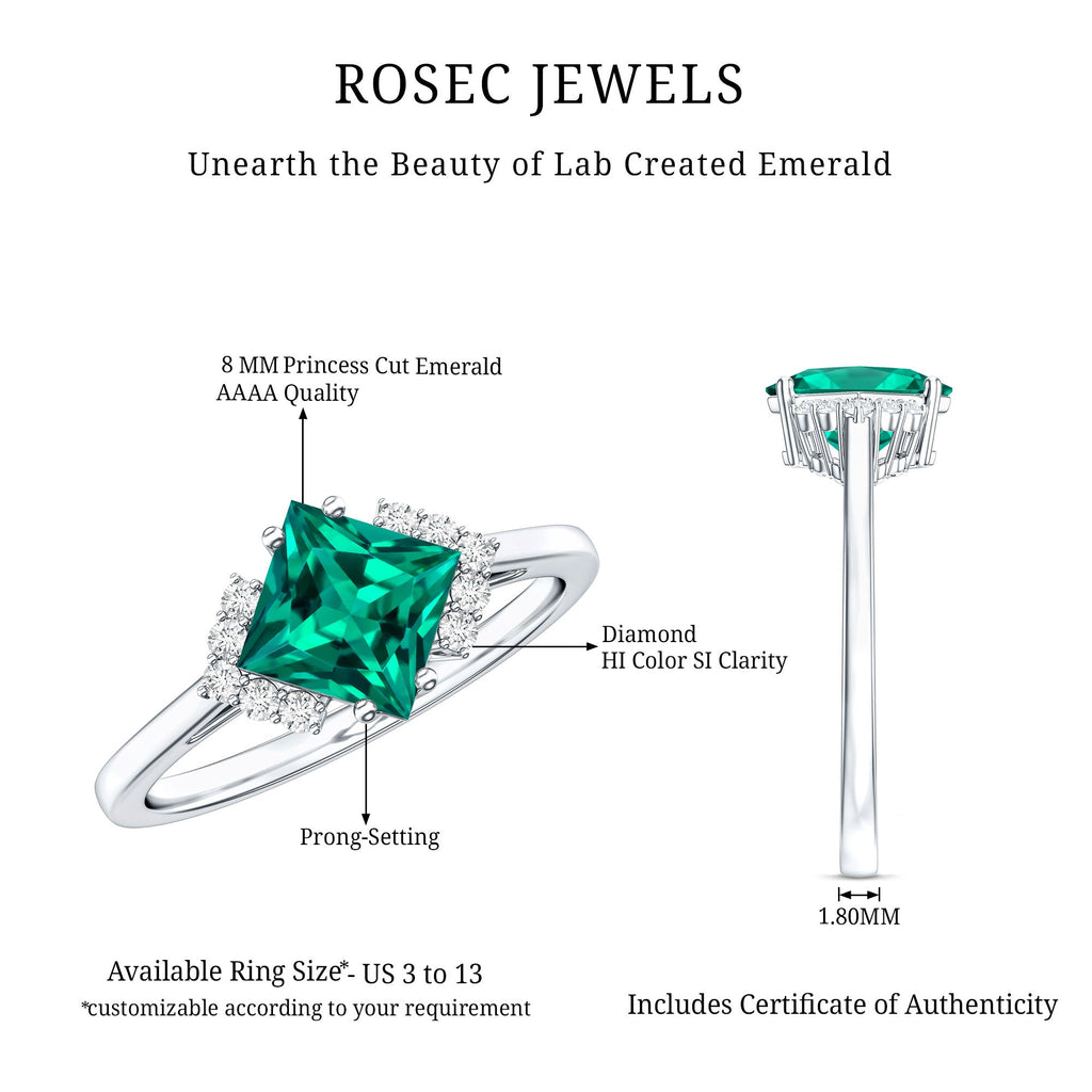Certified 8 mm Lab Grown Emerald Princess Cut Engagement Ring with Diamond