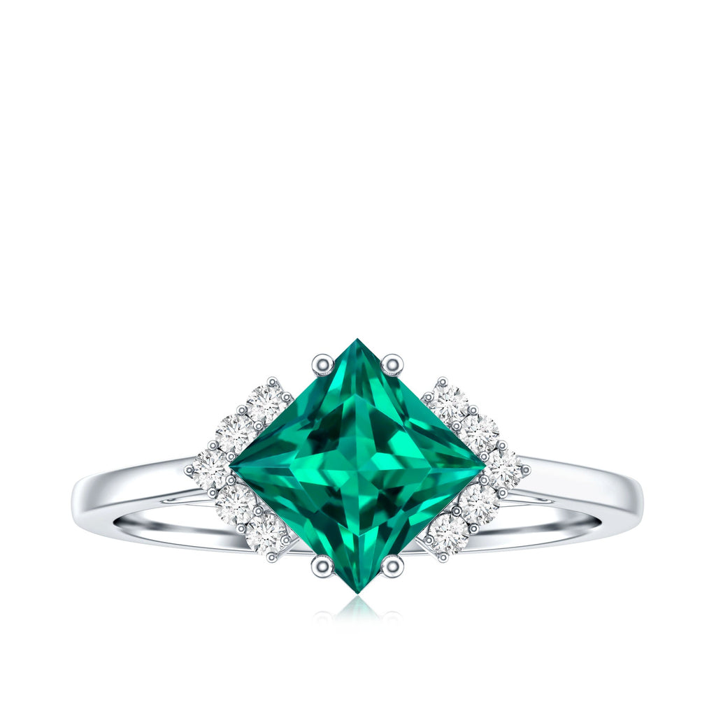 Certified 8 mm Lab Grown Emerald Princess Cut Engagement Ring with Diamond