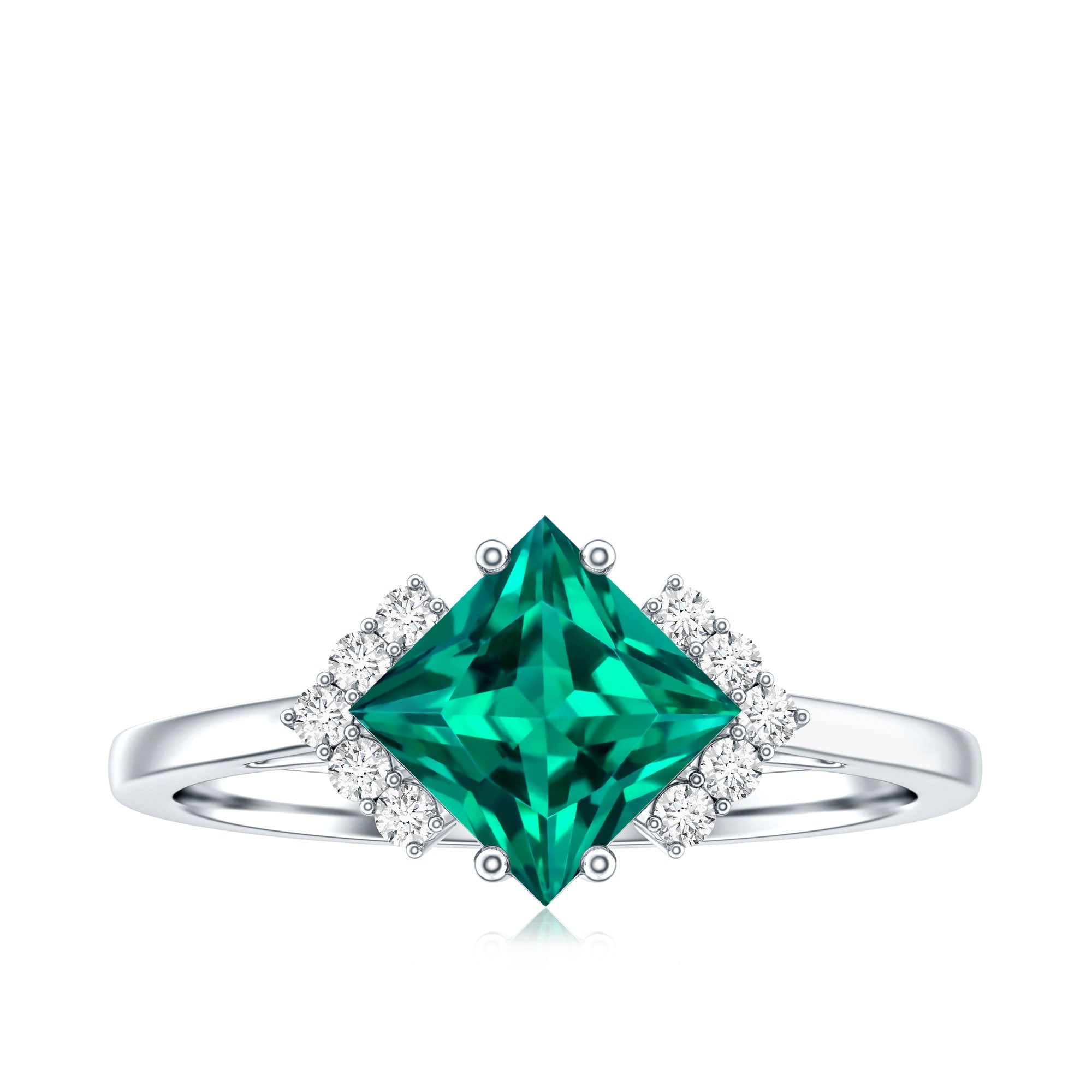 Certified 8 mm Lab Grown Emerald Princess Cut Engagement Ring with Diamond