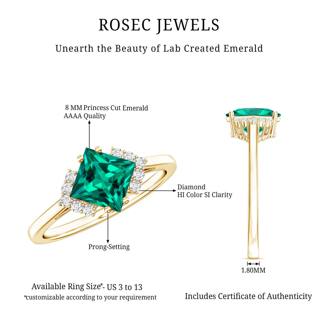 Certified 8 mm Lab Grown Emerald Princess Cut Engagement Ring with Diamond
