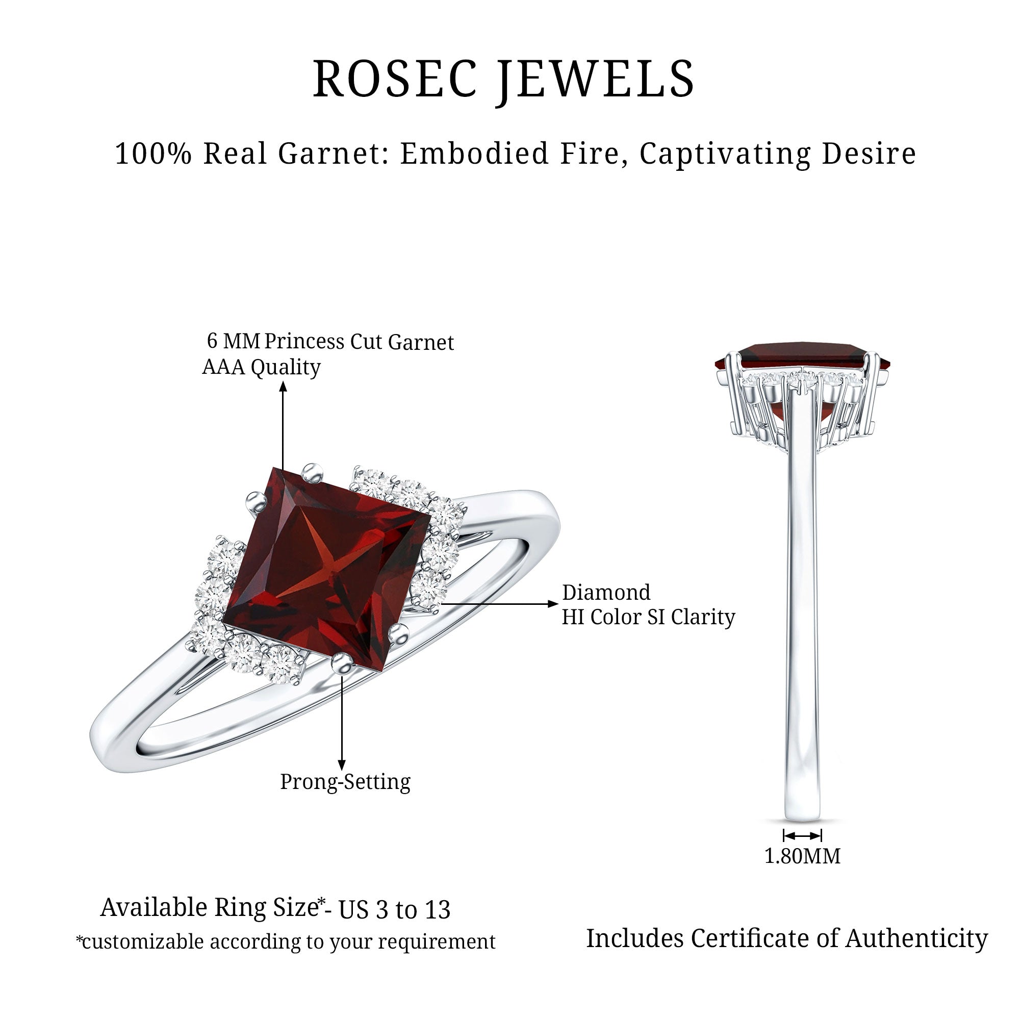 Certified Natural Garnet Princess Cut Engagement Ring with Diamond