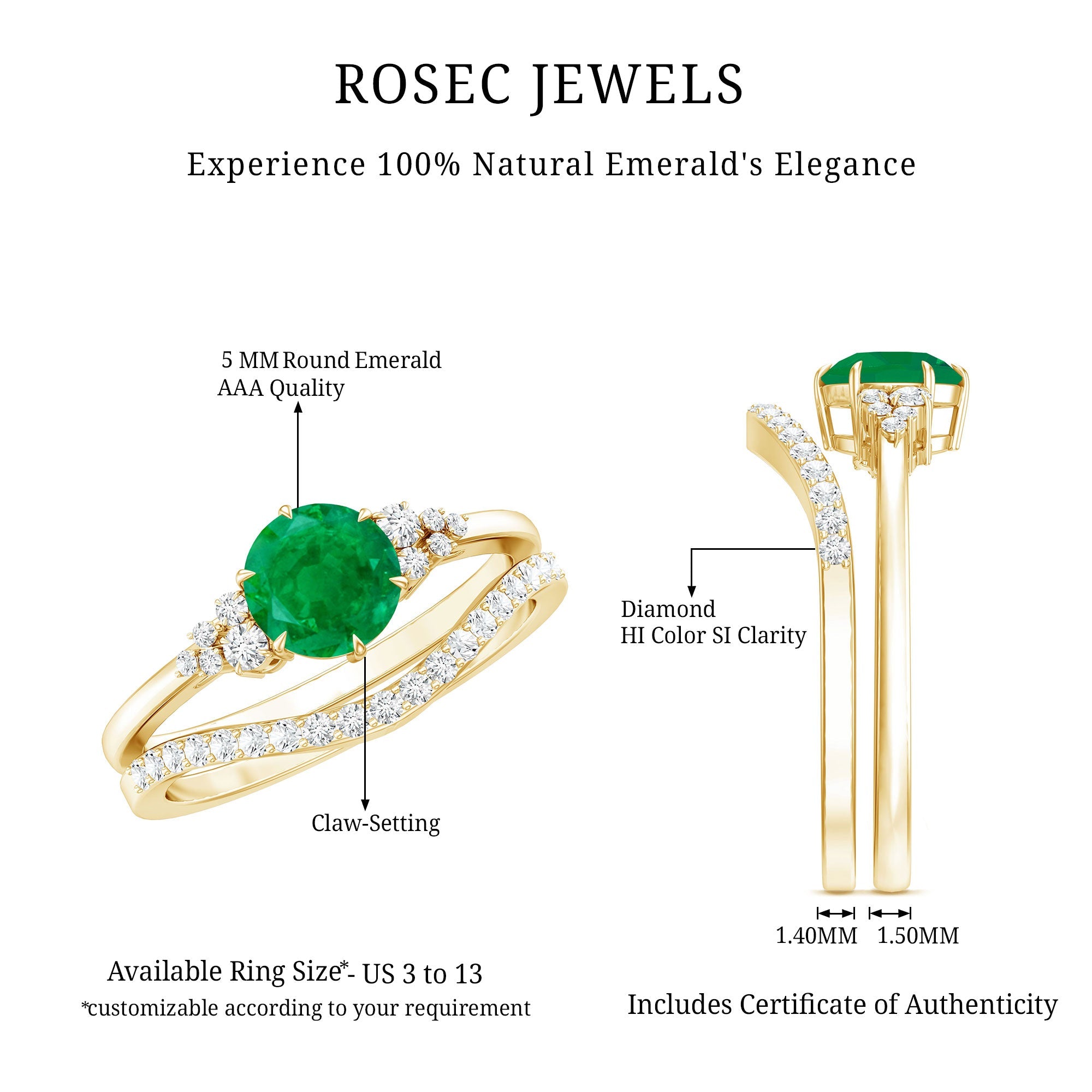 Natural Emerald Diamond Wedding Bridal Ring Set of 2