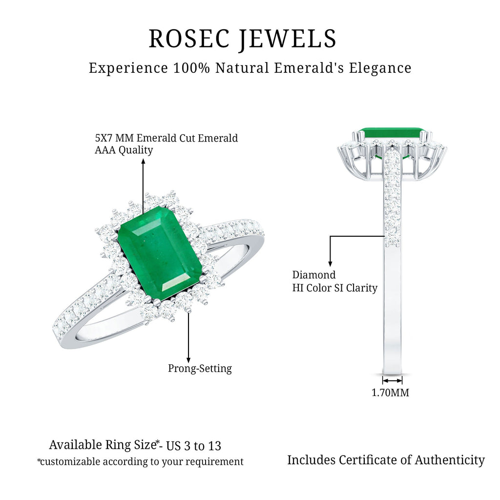Natural Emerald Cut Emerald Engagement Ring with Diamond Halo