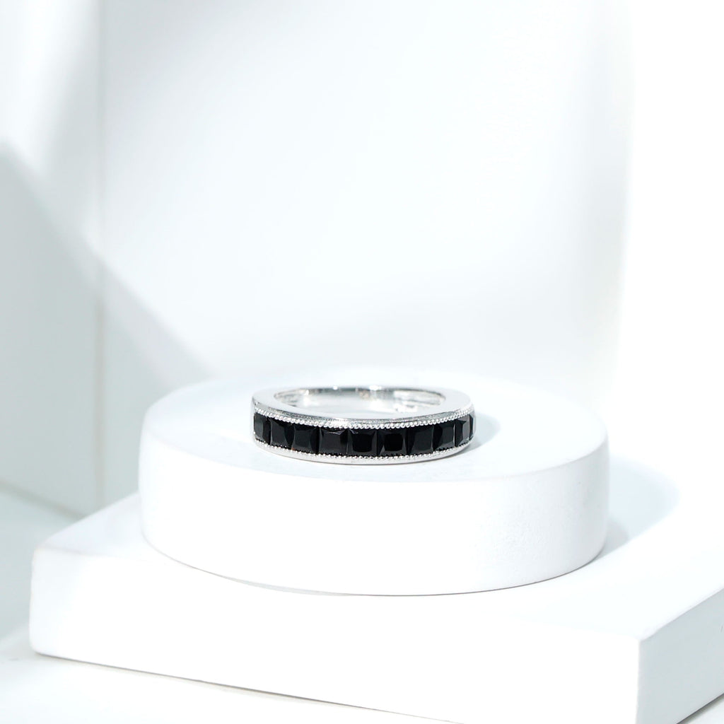 Princess Cut Black Spinel Half Eternity Band Ring
