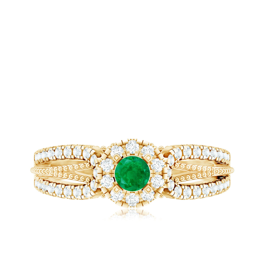 Natural Emerald Vintage Looking Engagement Ring with Diamond