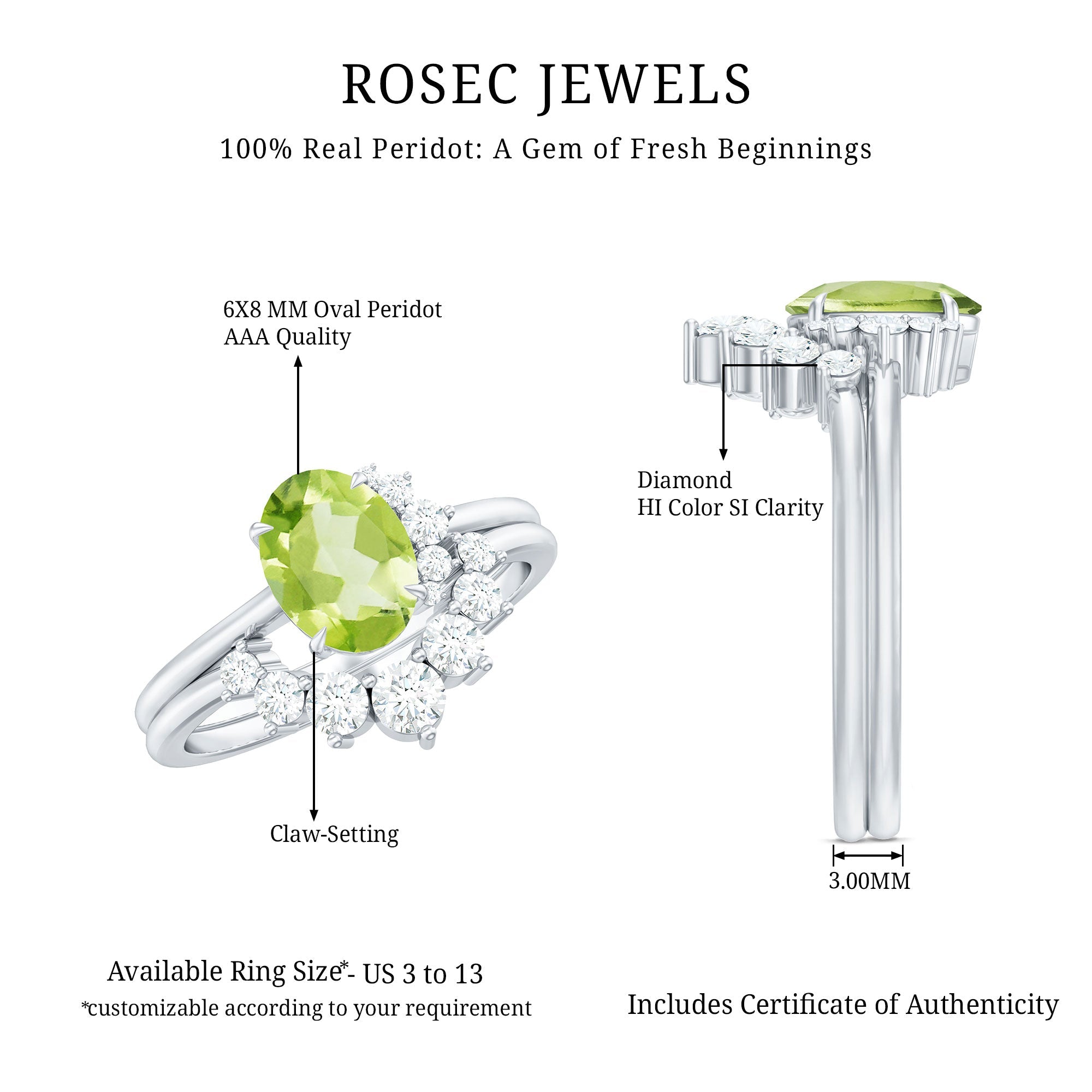 Real 1 Carat Oval Peridot Engagement Ring with Diamond Wedding Band