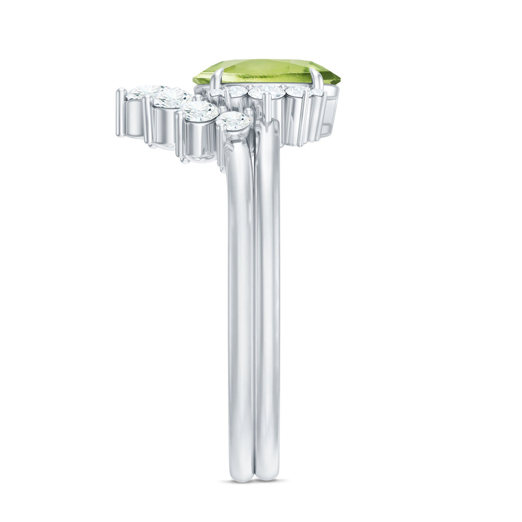 Real 1 Carat Oval Peridot Engagement Ring with Diamond Wedding Band