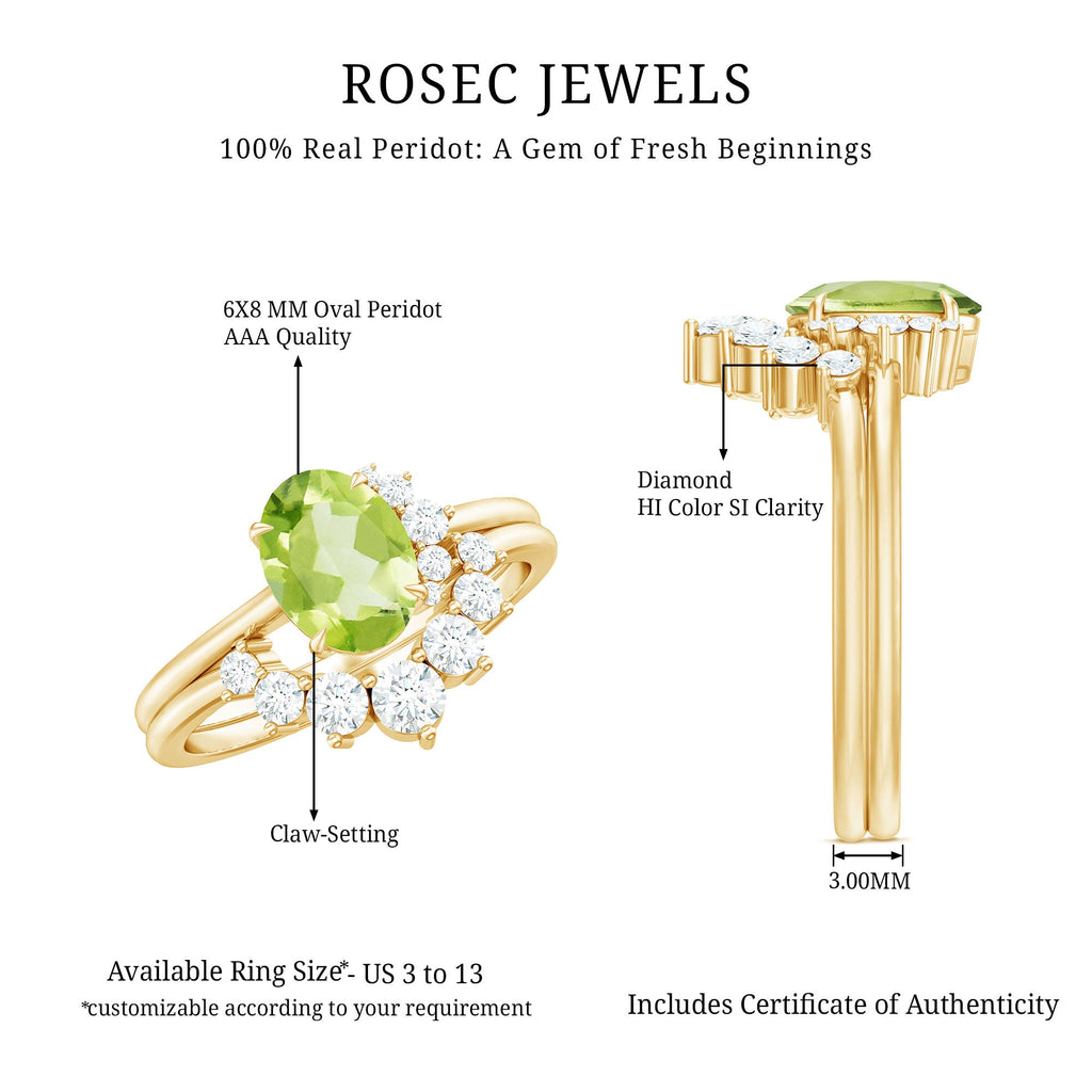 Real 1 Carat Oval Peridot Engagement Ring with Diamond Wedding Band