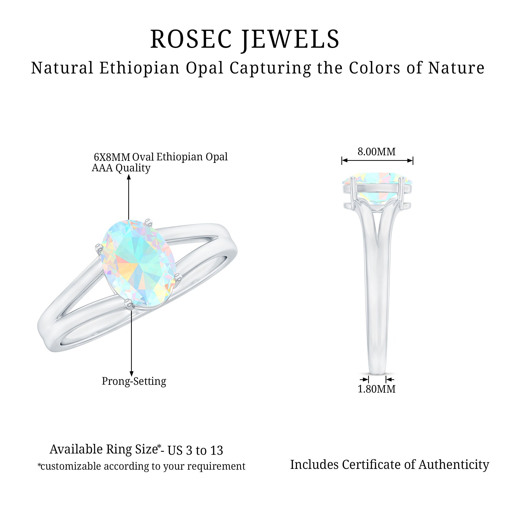 1.2 Carat Genuine Oval Ethiopian Rainbow Opal Split Shank Engagement Ring