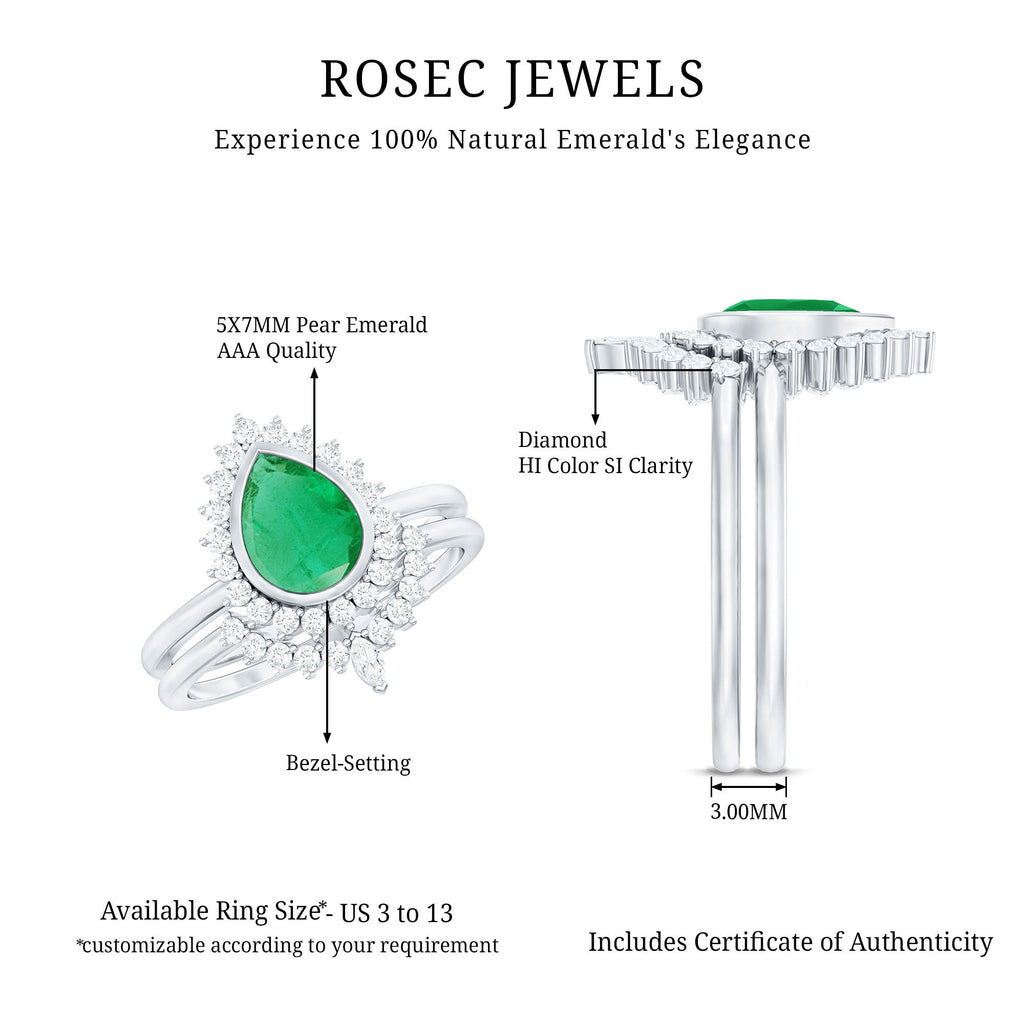 Natural Emerald Diamond Pear Shape Engagement Ring and Wedding Band Set