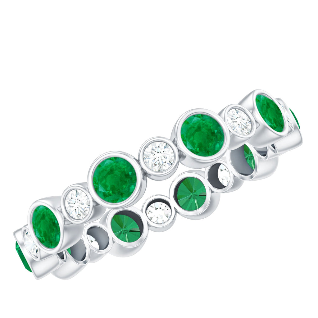Bezel Set Round Emerald and Diamond Eternity Wedding Band