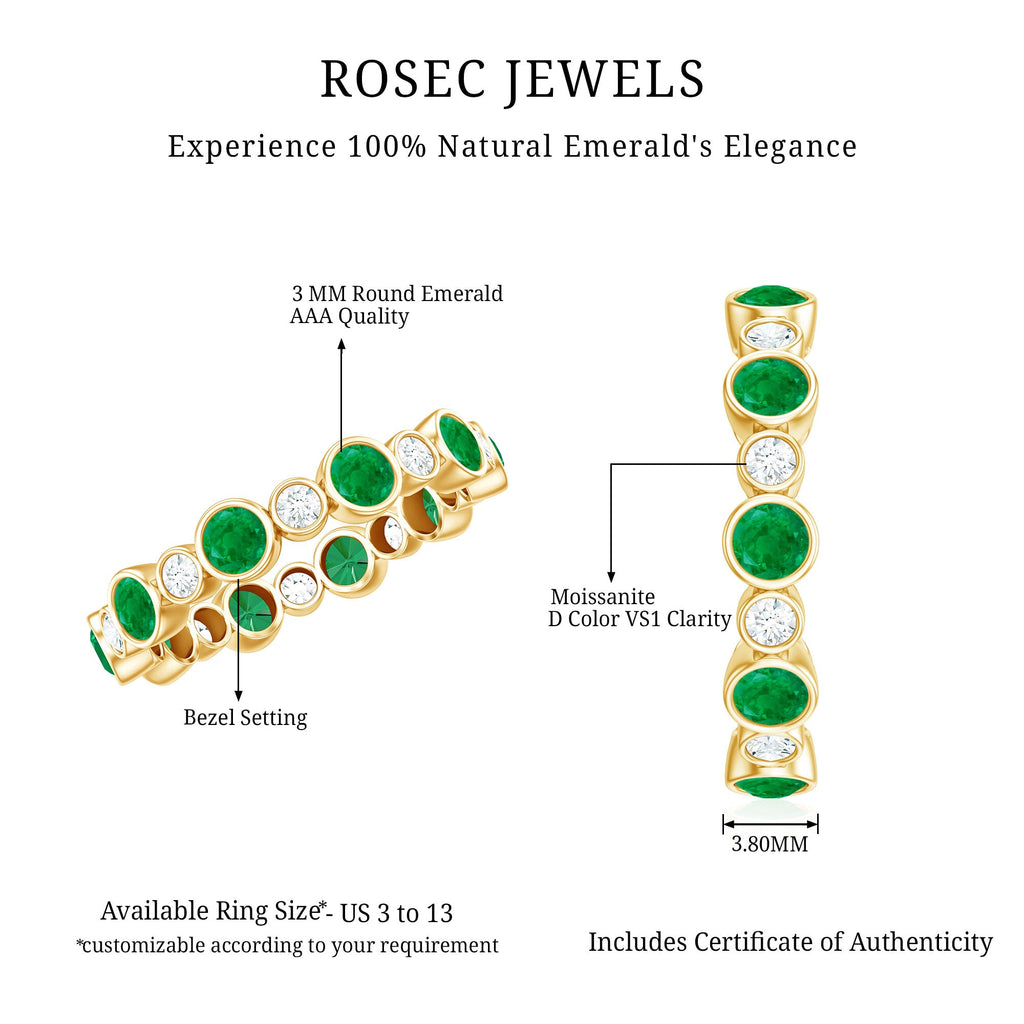 Bezel Set Round Emerald and Diamond Eternity Wedding Band