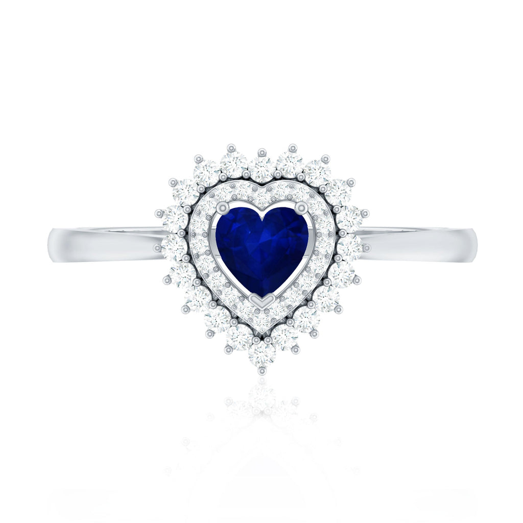Real 0.6 Carat Heart Shaped Blue Sapphire and Diamond Double Halo Engagement Ring