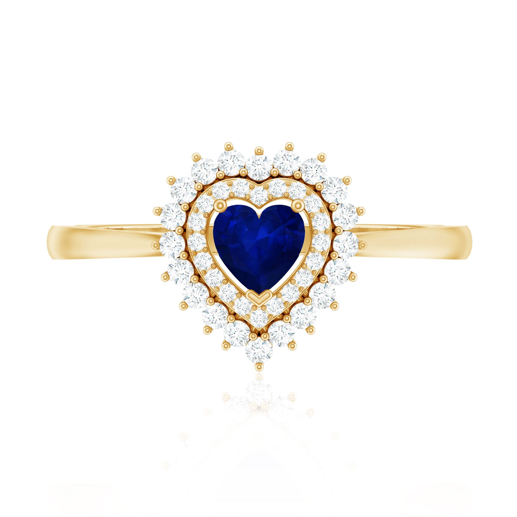 Real 0.6 Carat Heart Shaped Blue Sapphire and Diamond Double Halo Engagement Ring