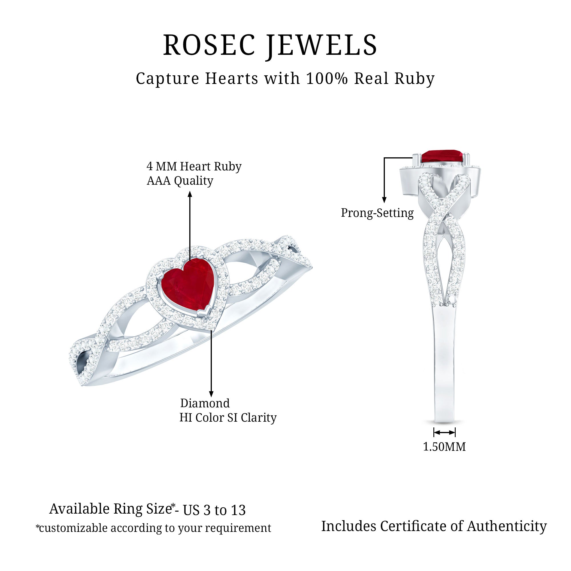 Natural Ruby Heart Promise Ring with Diamond Crossover Shank