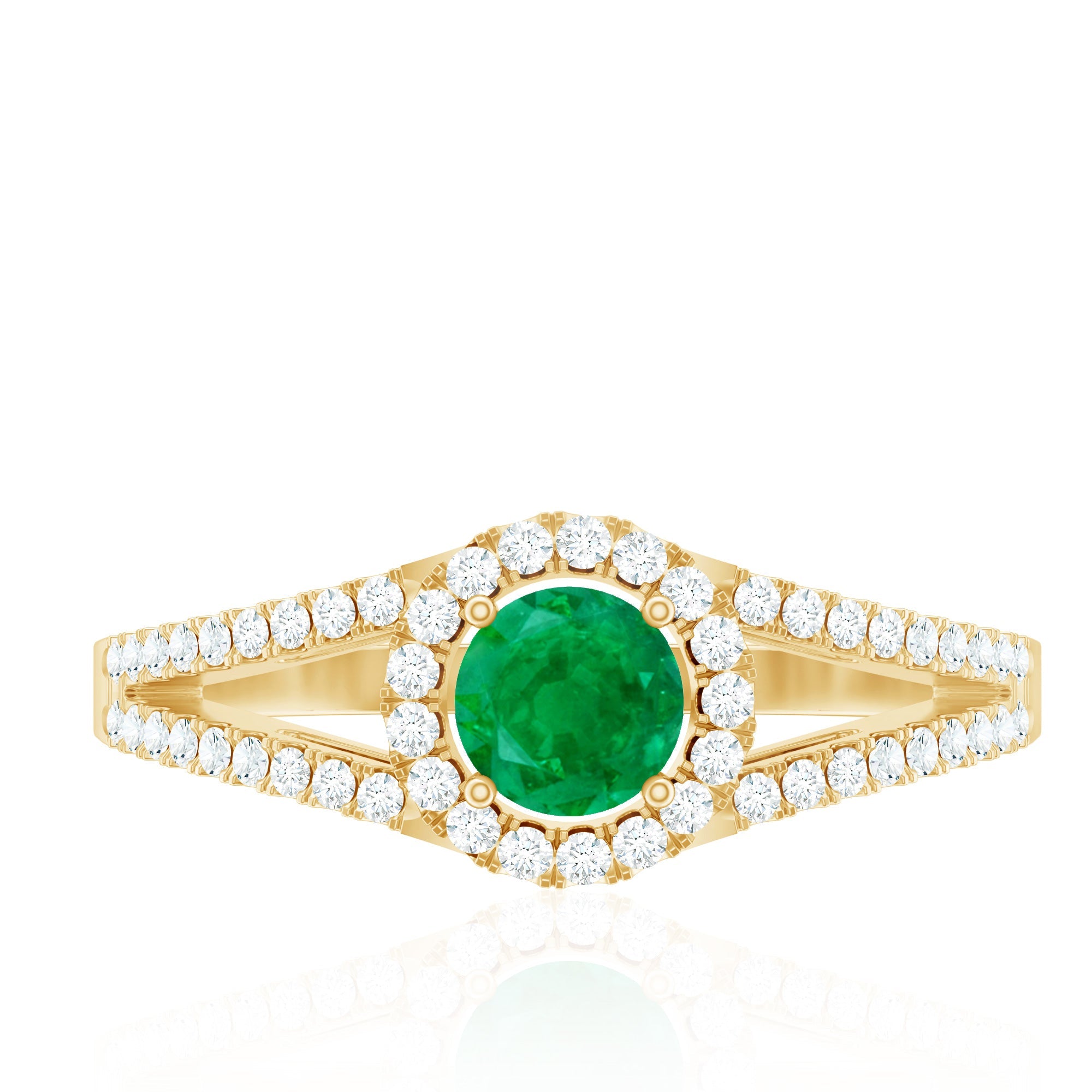 Classic Emerald Split Shank Engagement Ring with Diamond Halo