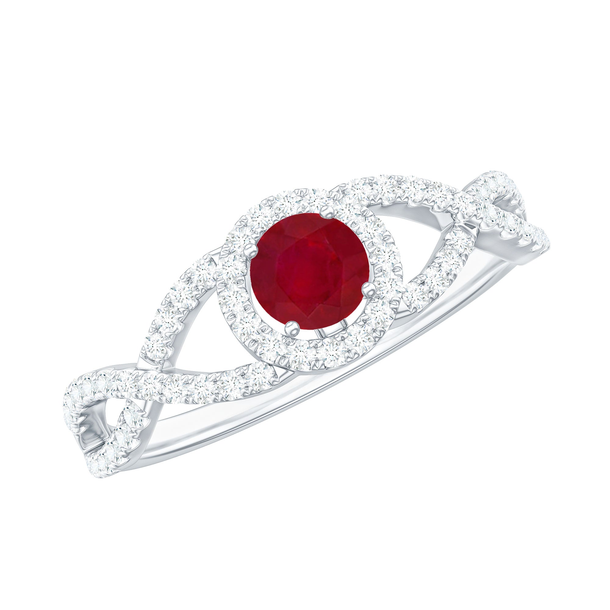 Genuine Ruby Engagement Ring with Diamond Criss Cross Shank
