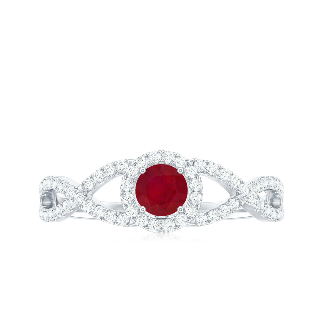 Genuine Ruby Engagement Ring with Diamond Criss Cross Shank