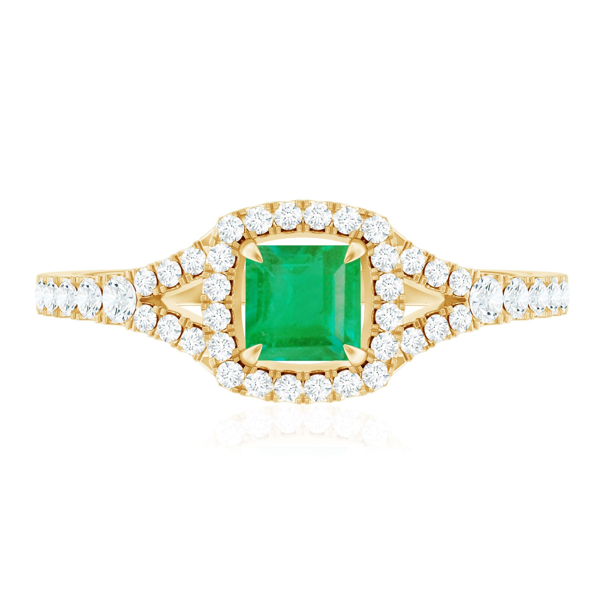 Princess Cut Emerald Engagement Ring with Diamond Split Shank