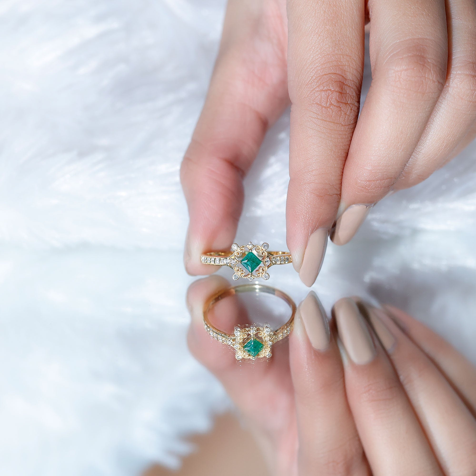 Antique Looking Emerald and Diamond Engagement Ring for Women