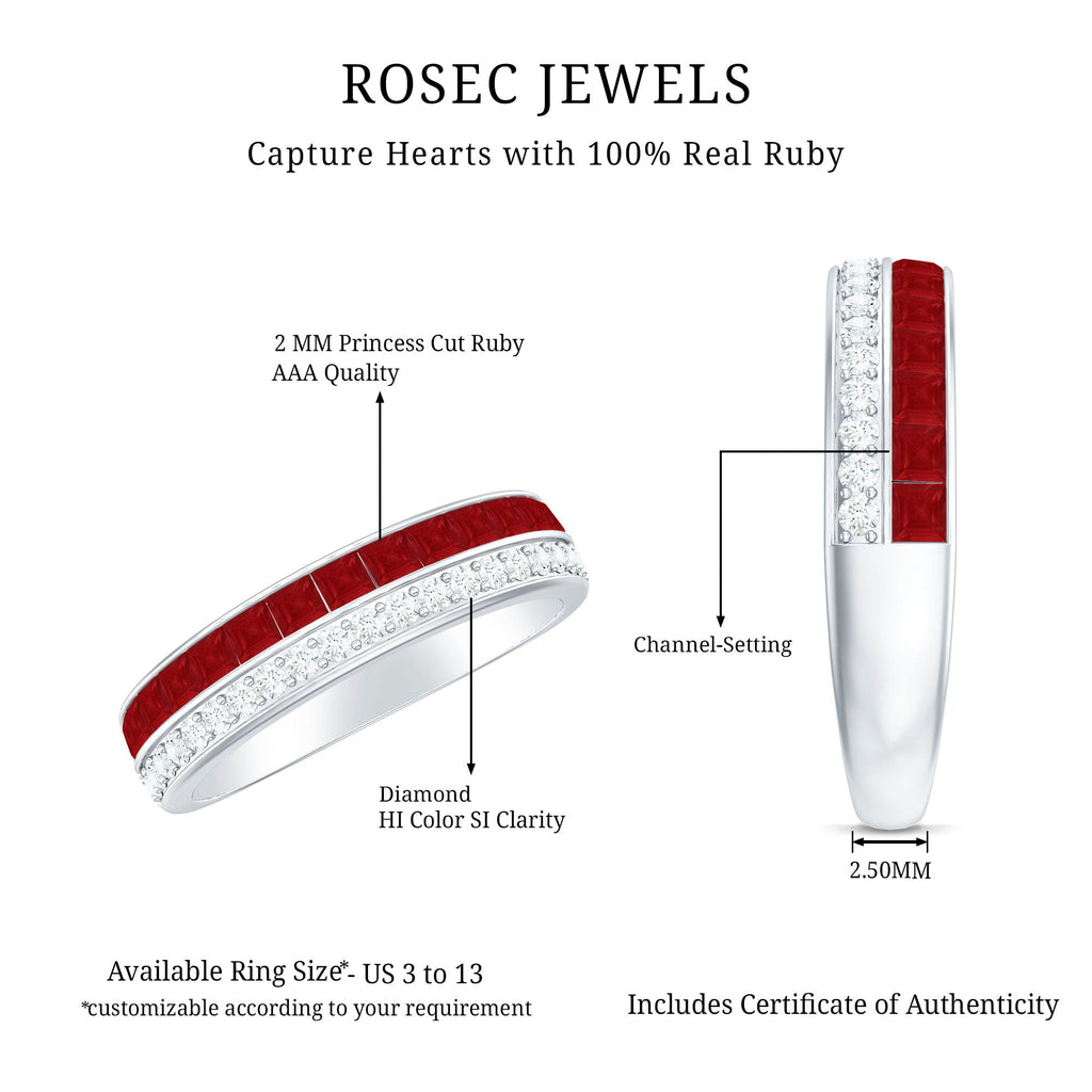 Natural Princess Cut Ruby Diamond Wedding Band Ring for Women
