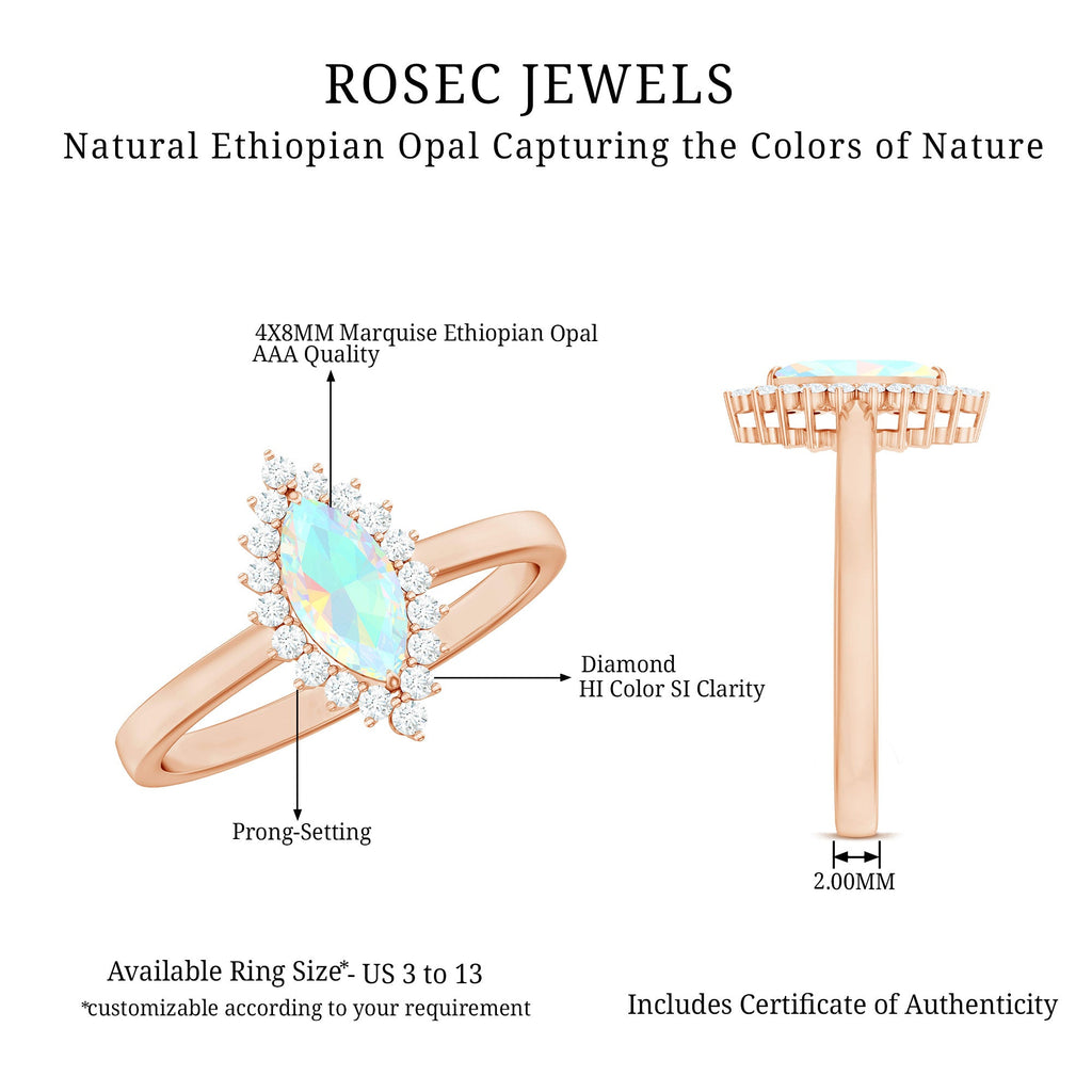 0.5 Carat Ethiopian Opal Marquise Cut Engagement Ring with Diamond Halo