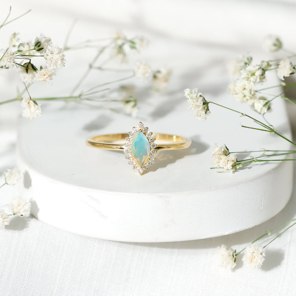0.5 Carat Ethiopian Opal Marquise Cut Engagement Ring with Diamond Halo