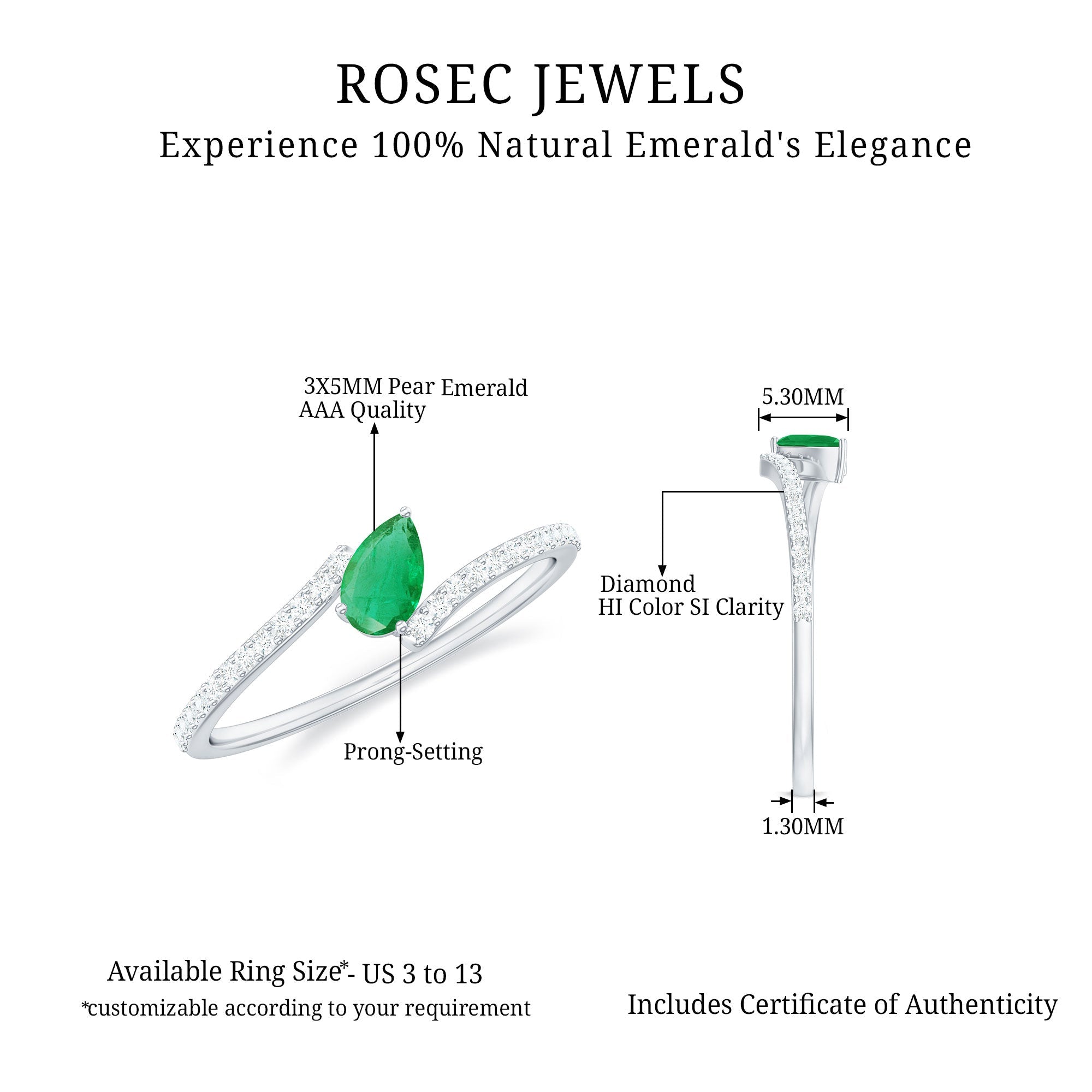 Pear Shaped Emerald and Diamond Promise Ring in Bypass Shank