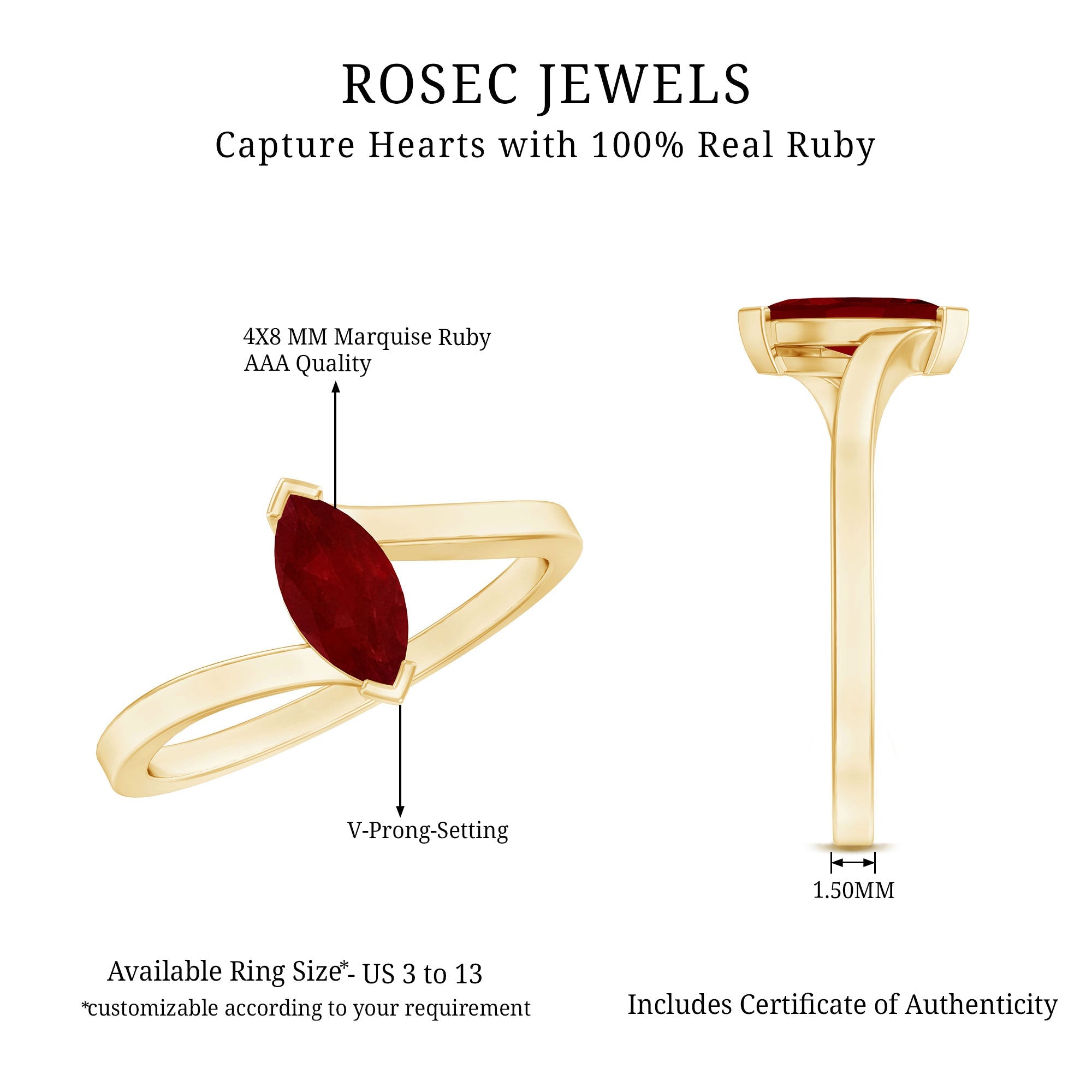 Natural 0.75 Carat Ruby Marquise Promise Ring with Bypass Shank