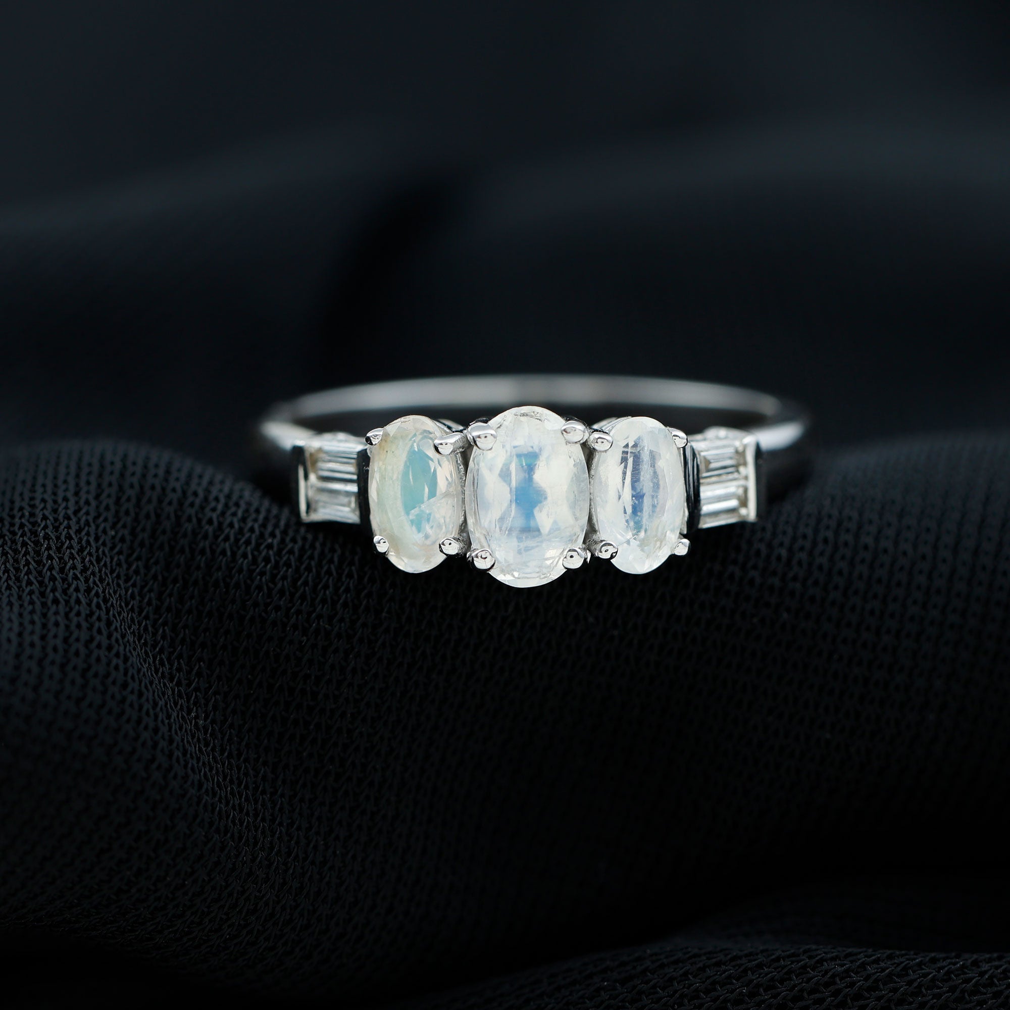 Genuine Oval Moonstone Three Stone Anniversary Ring