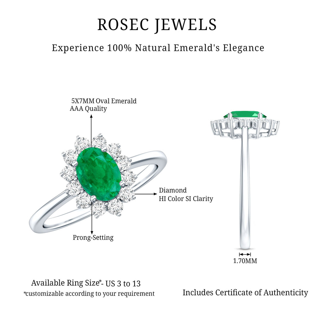Natural 5X7mm Emerald Oval Engagement Ring with Diamond Halo