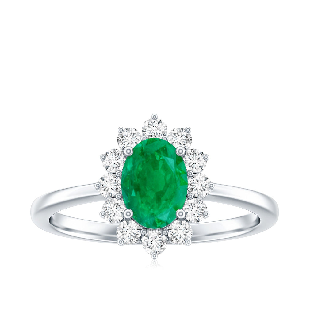 Natural 5X7mm Emerald Oval Engagement Ring with Diamond Halo