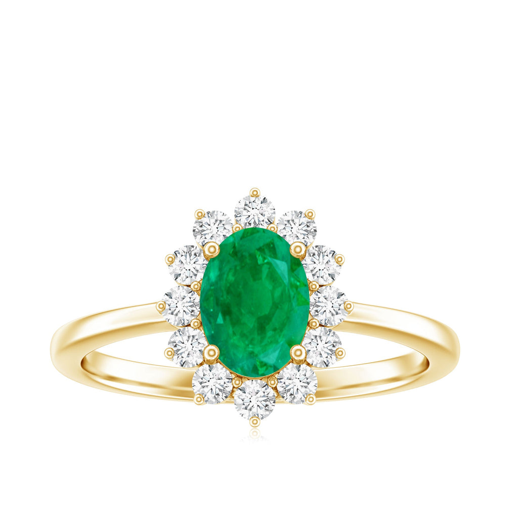 Natural 5X7mm Emerald Oval Engagement Ring with Diamond Halo