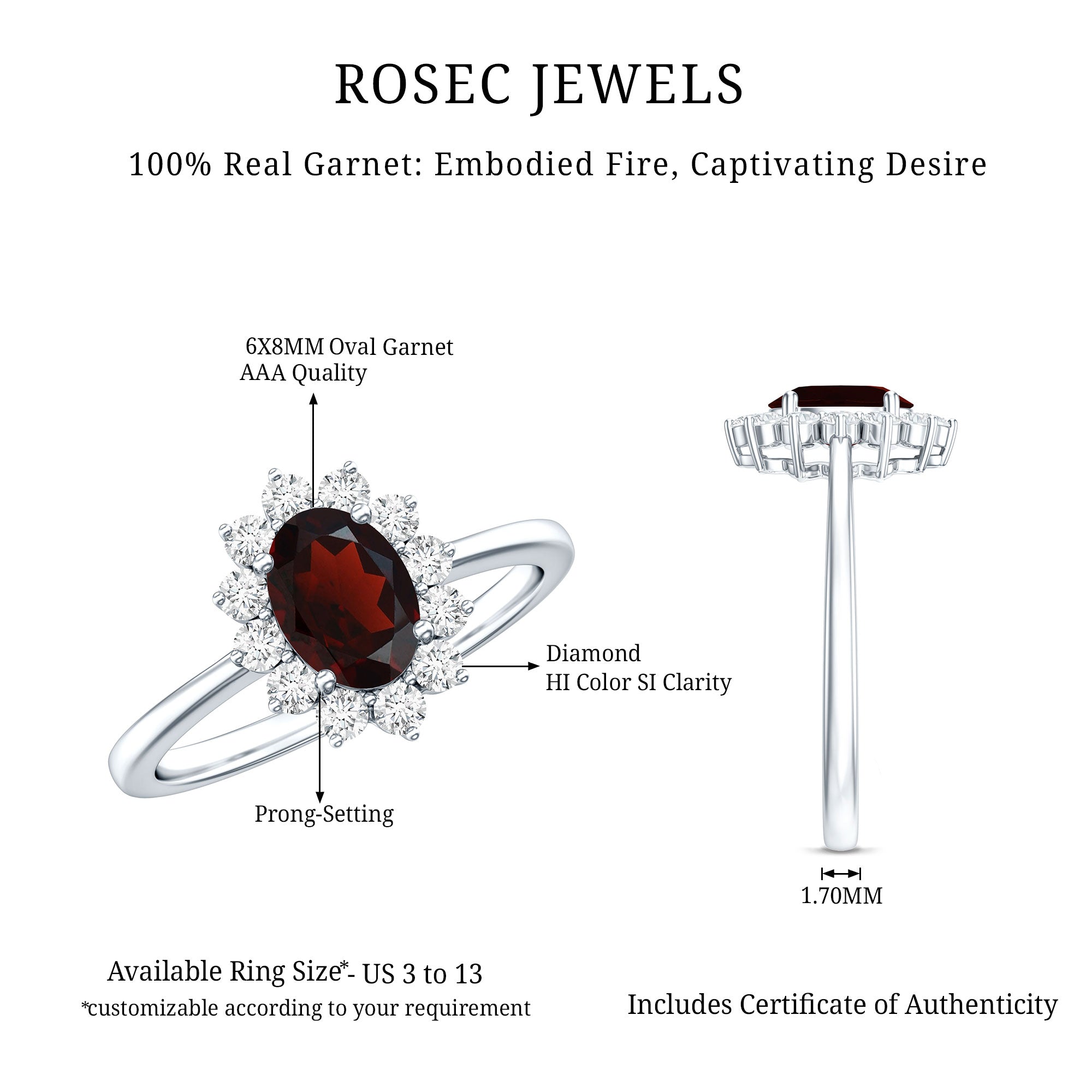 Natural 6X8mm Garnet Oblong Engagement Ring with Diamond Halo