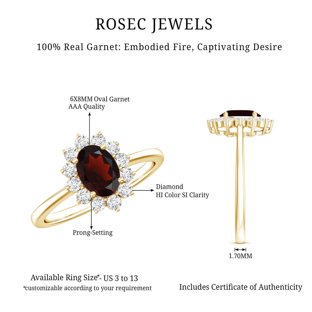 Natural 6X8mm Garnet Oblong Engagement Ring with Diamond Halo
