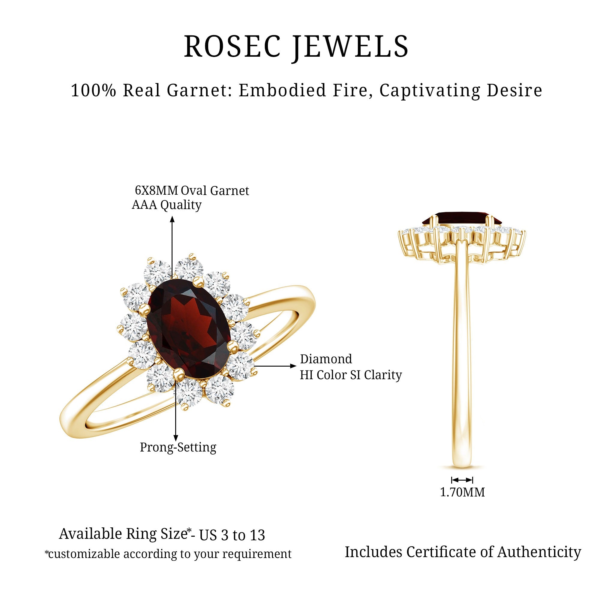 Natural 6X8mm Garnet Oblong Engagement Ring with Diamond Halo