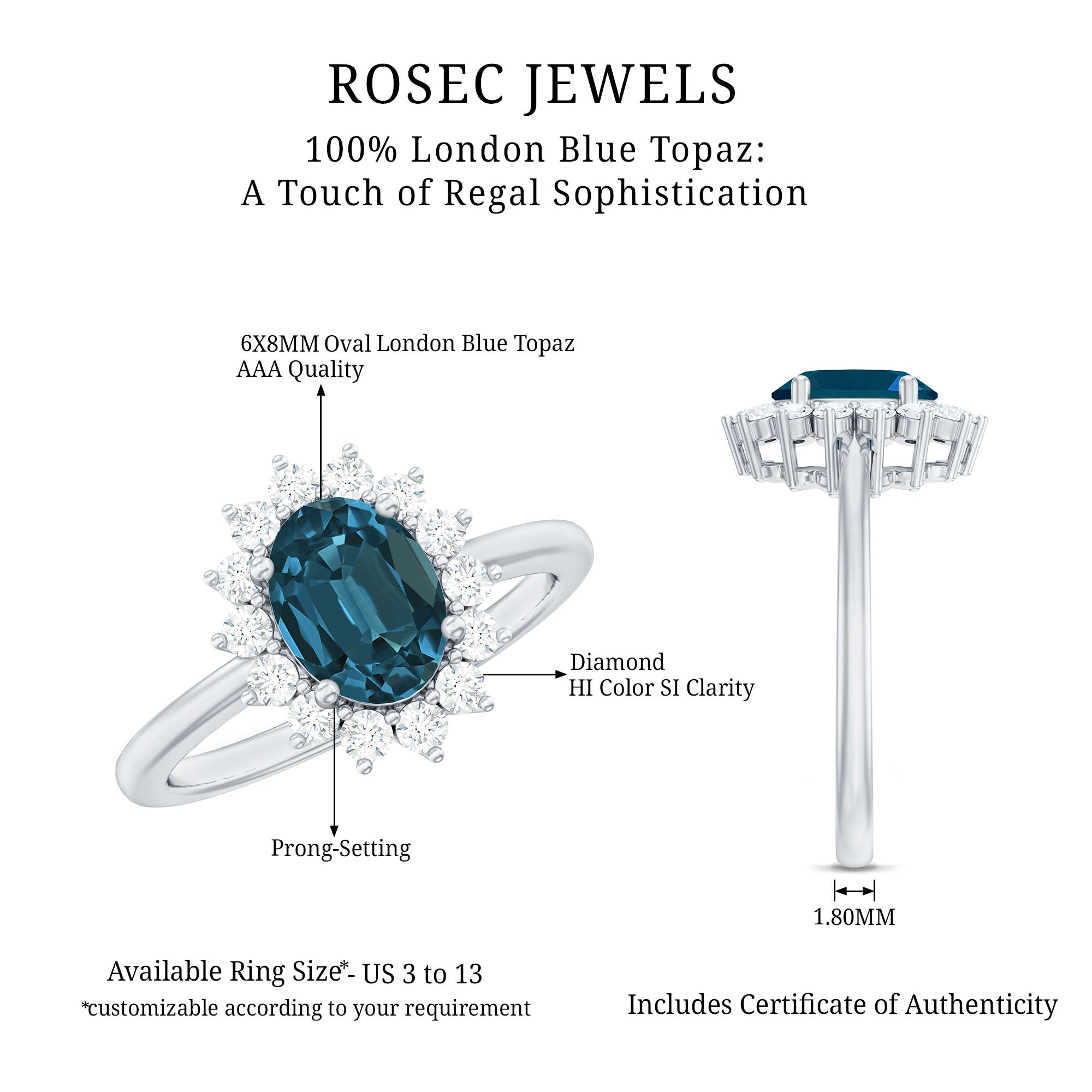 Real 1 Carat London Blue Topaz Princess Diana Inspired Engagement Ring with Diamond