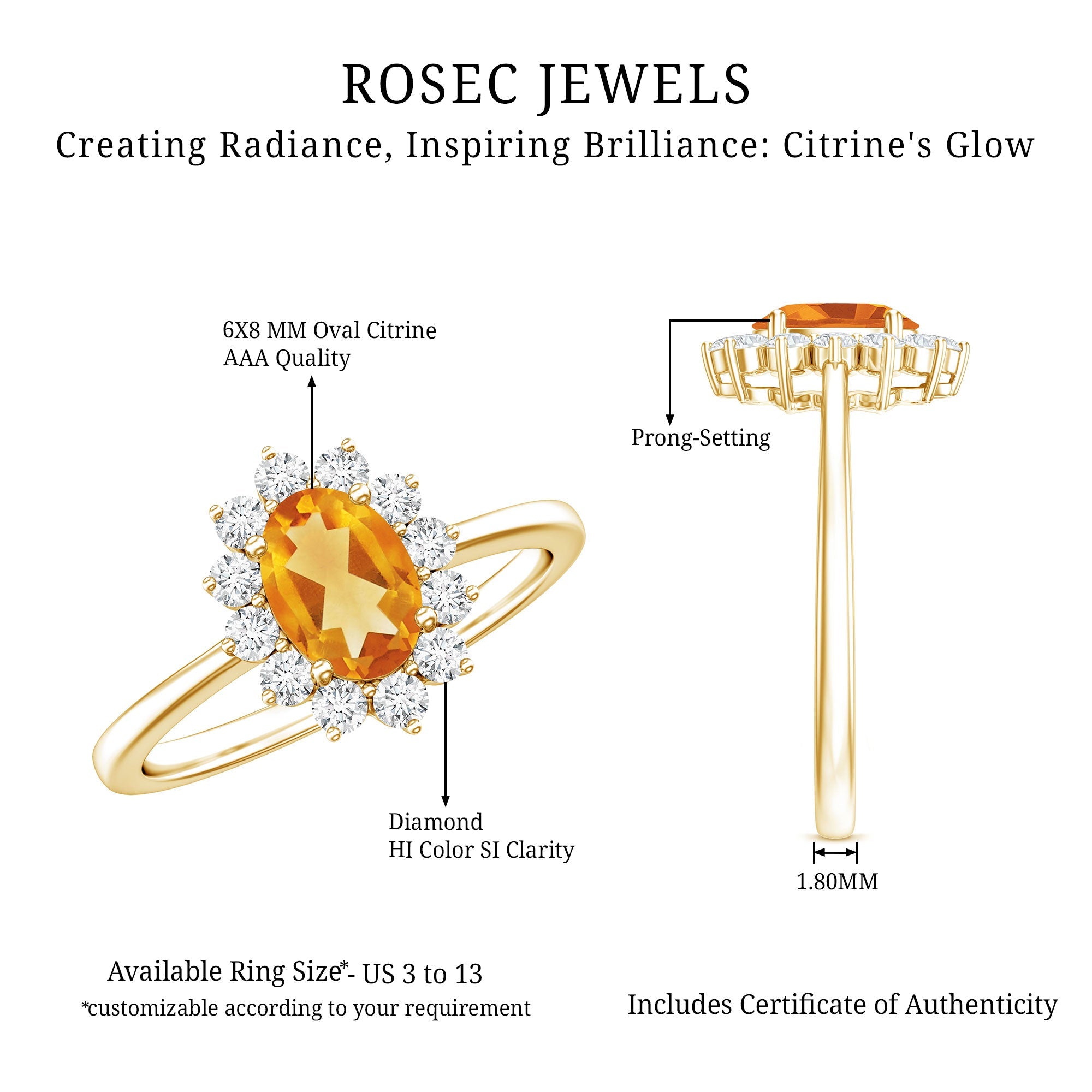 Real 6X8mm Citrine Oval Engagement Ring with Diamond Halo
