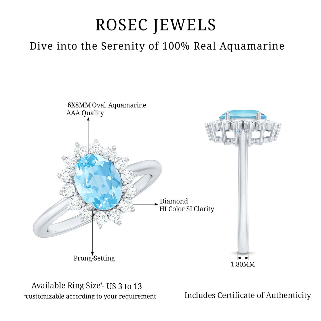 Natural 1 Carat Aquamarine Oval Engagement Ring with Diamond Halo