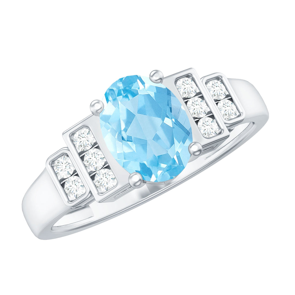 Real 6X8mm Aquamarine Statement Engagement Ring with Diamond