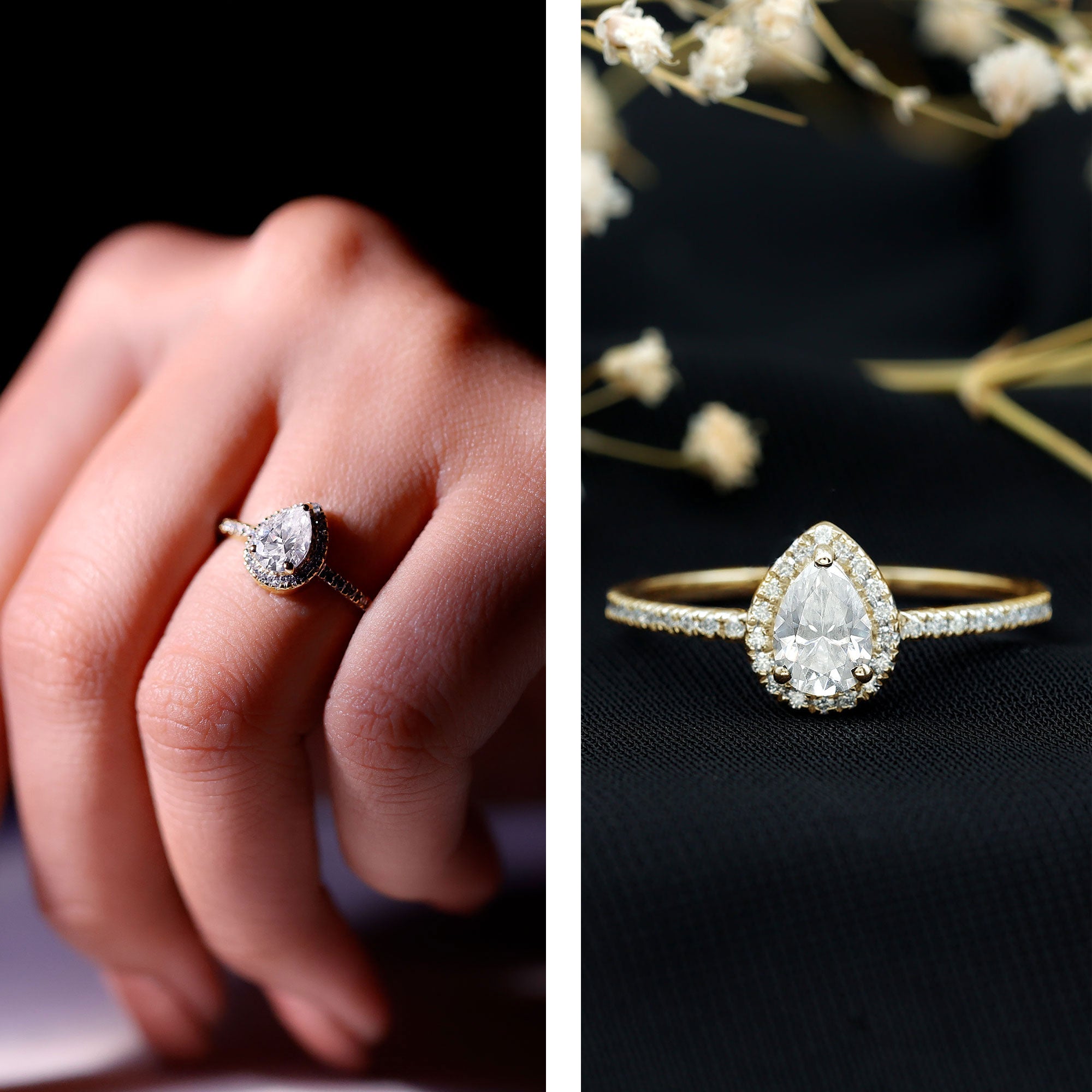 Certified 0.7 Carat Pear Shaped Moissanite Halo Engagement Ring