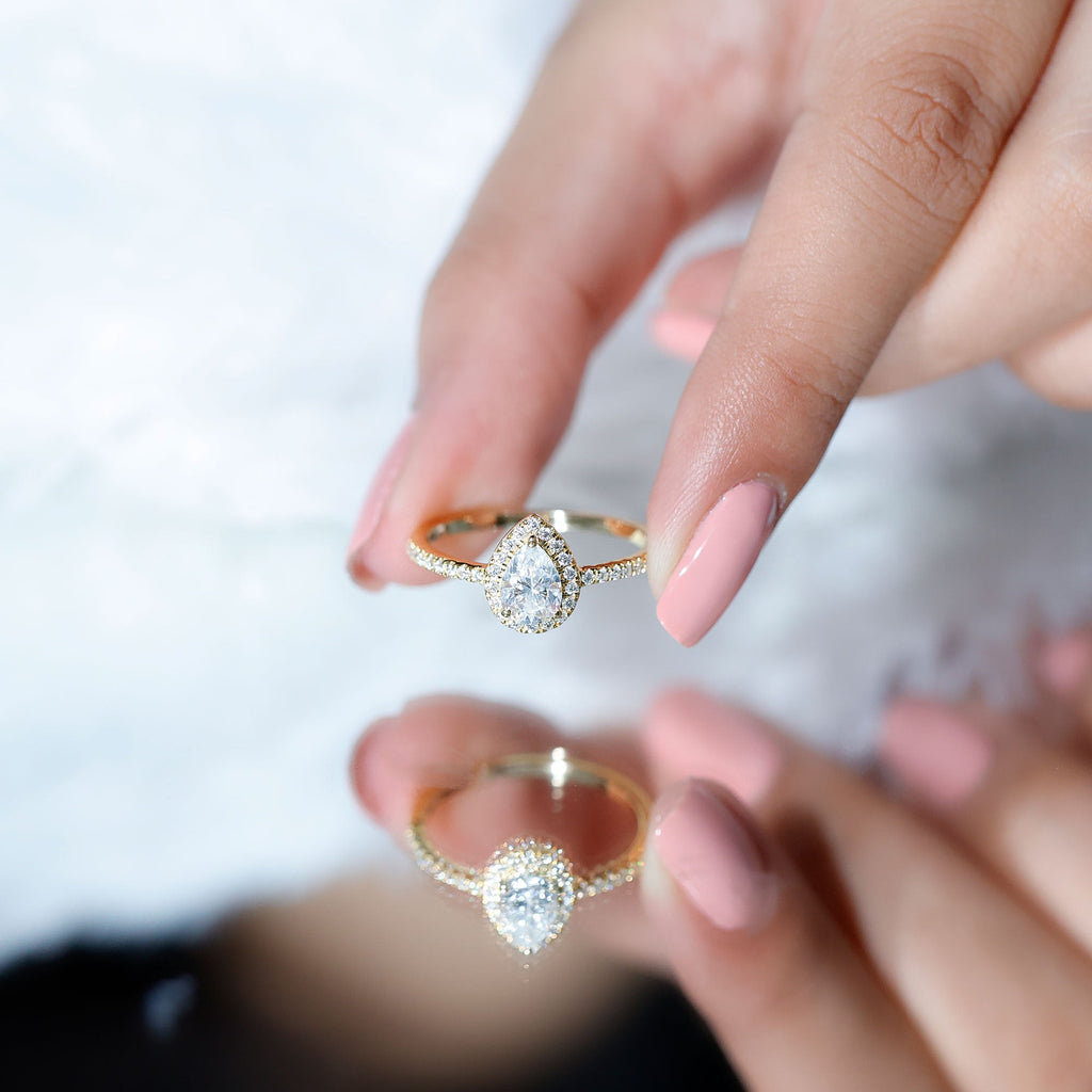 Certified 0.7 Carat Pear Shaped Moissanite Halo Engagement Ring