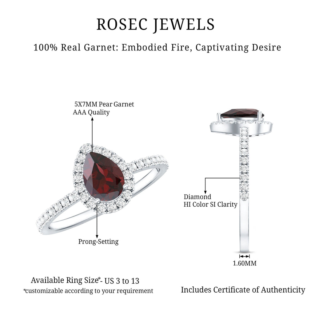 Natural 5X7mm Garnet Teardrop Engagement Ring with Diamond Halo