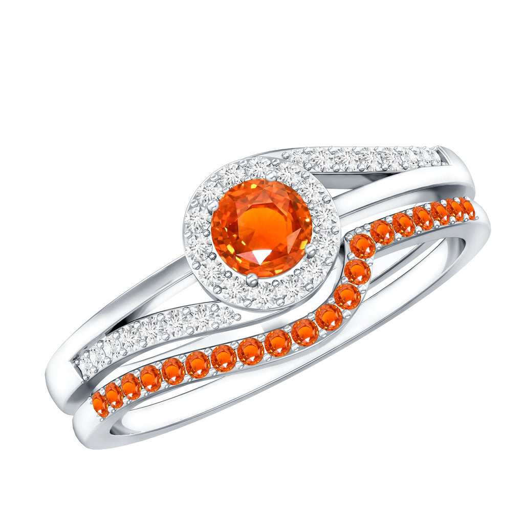 Certified Lab Grown Orange Sapphire Engagement Ring with Diamond Wedding Band
