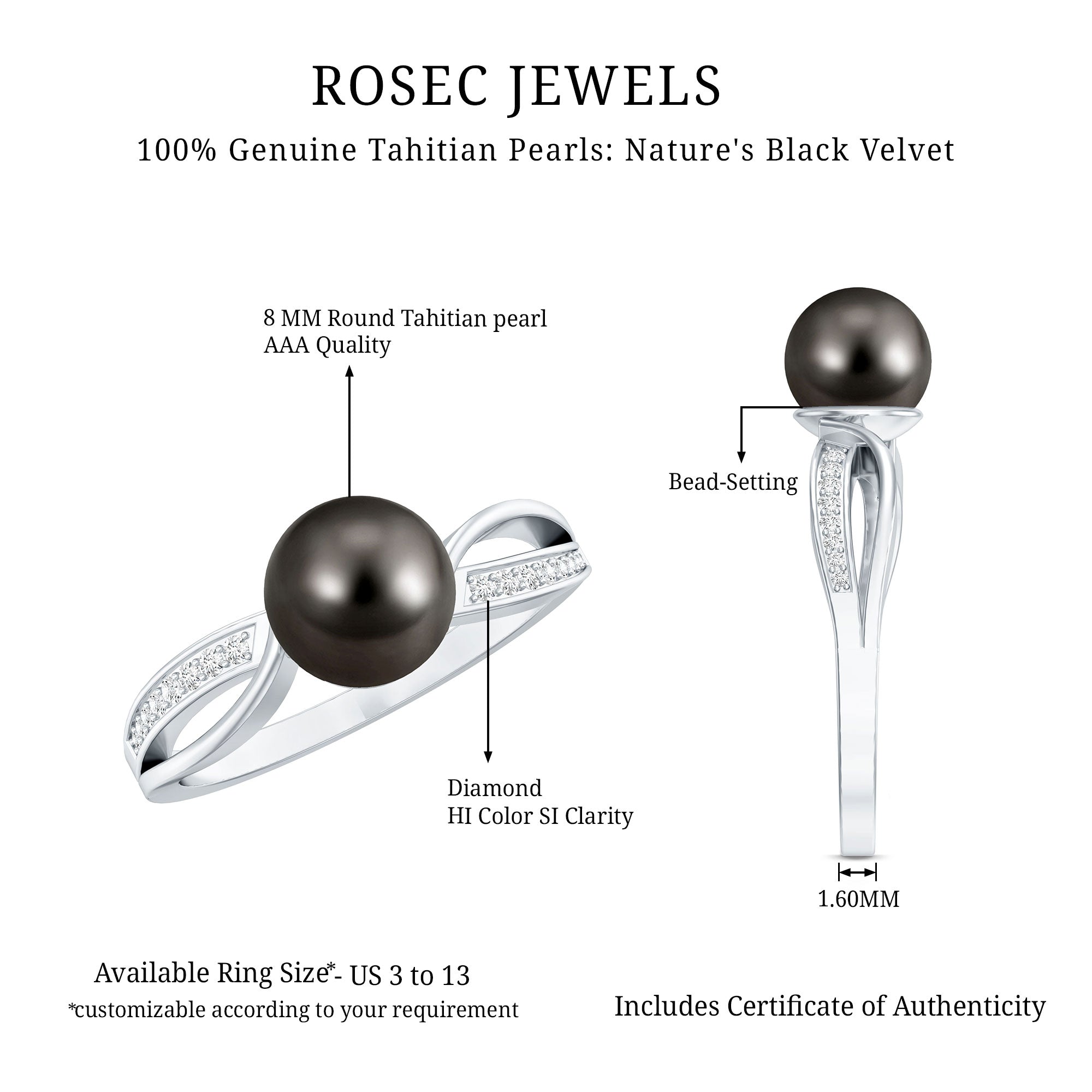 7.25 CT Solitaire Tahitian Pearl Engagement Ring with Diamond