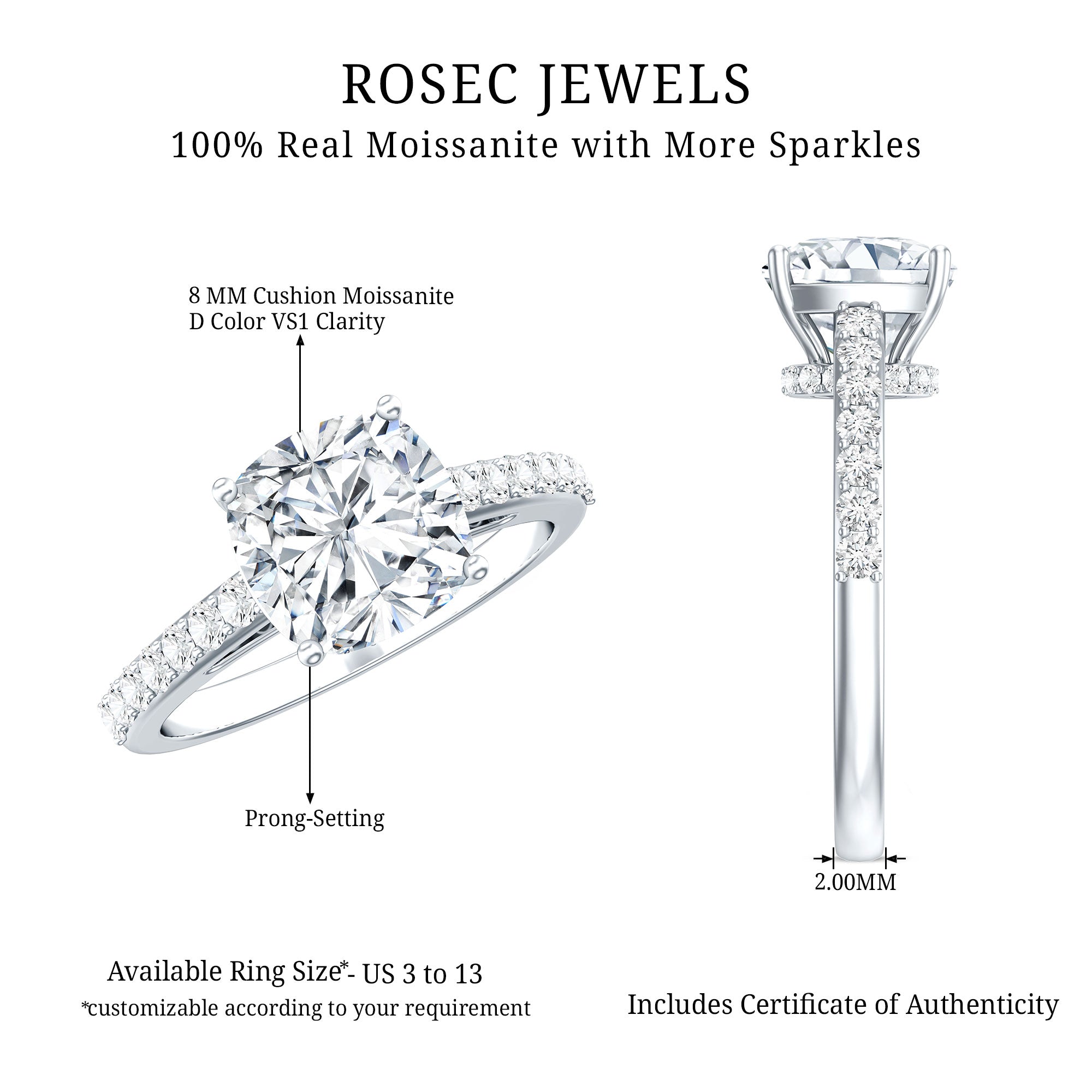 3 CT Cushion Cut Moissanite Solitaire Engagement Ring